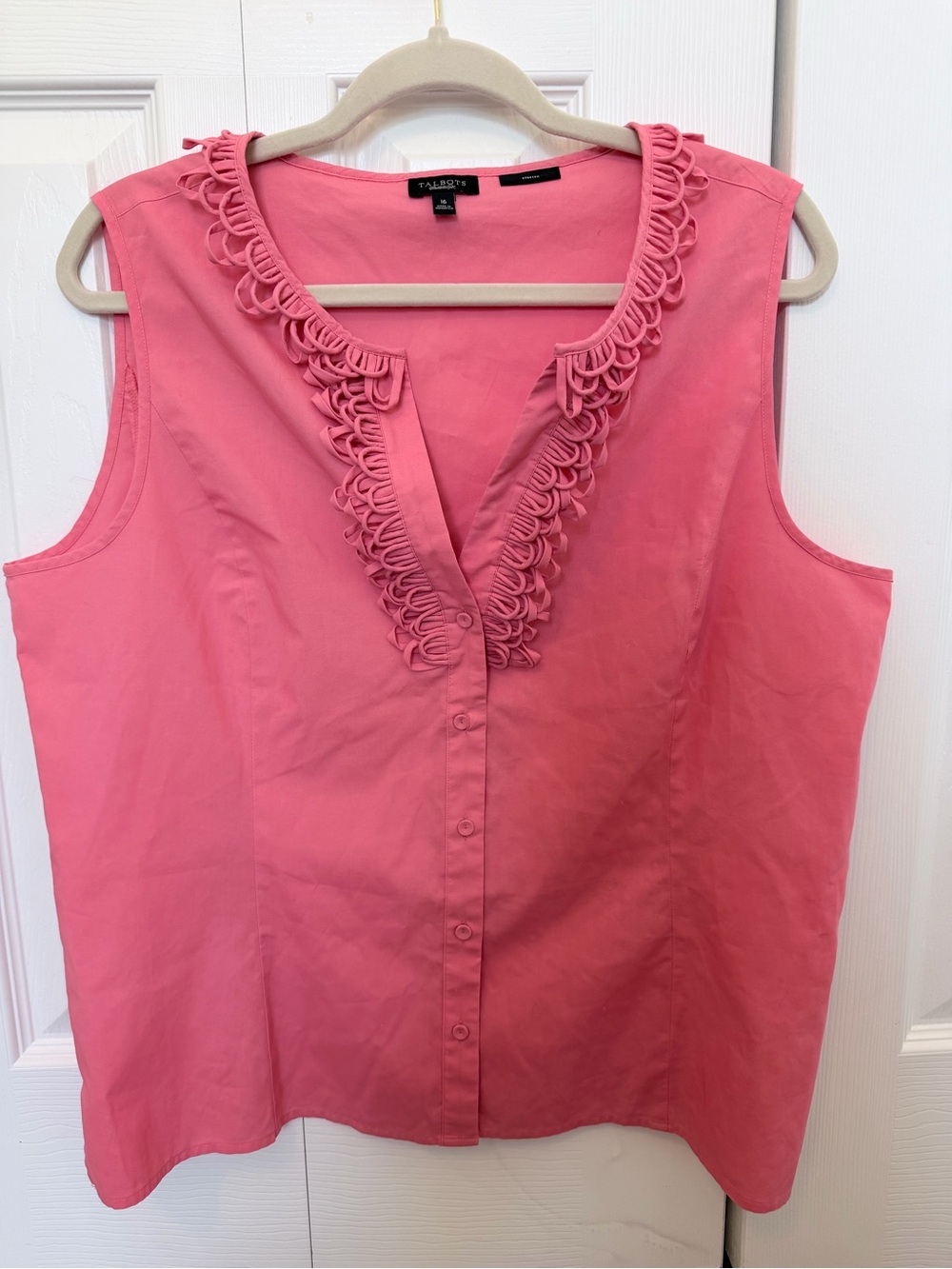 Talbots Women’s Size 16 Salmon Pink Sleeveless Ruffle Trim Stretch Cotton Top